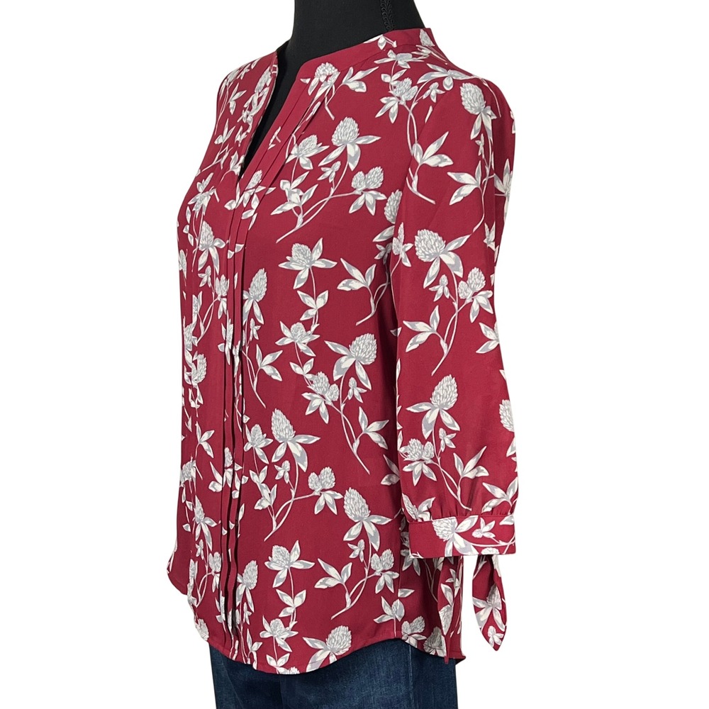 41 Hawthorn Pullover Floral‎ Print Blouse Maroon White 3/4 Sleeve Tie Size XS/P